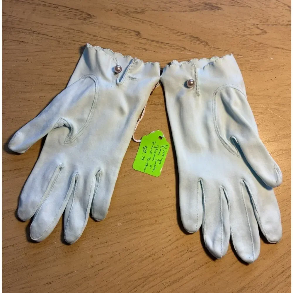 Vintage Van Raalte Baby Blue Amersuede Gloves Scalloped Pearl Button 1950s Med